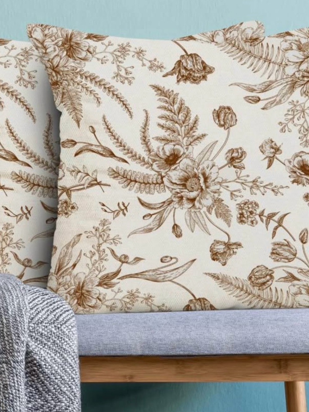 Floral Print Throw Pillow - Cream with Brown Botanical Design